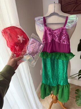 Mermaid Costume Dress Adult Purple Green Sequins Tail Wings Wig Girls 6